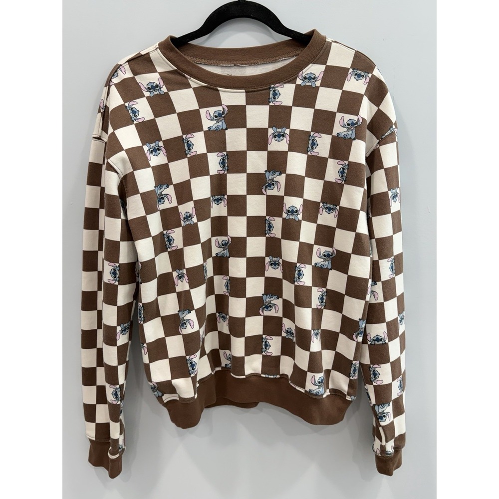Disney Stitch Checkered Sweatshirt Brown Crewneck Pullover M Nostalgic Playful